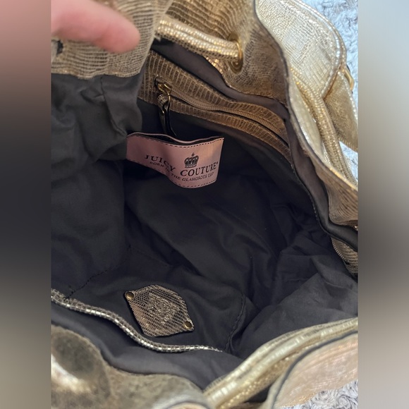 JUICY COUTURE Gold Leather Drawstring Animal Print Metallic Shoulder Bag Purse x - Picture 8 of 17